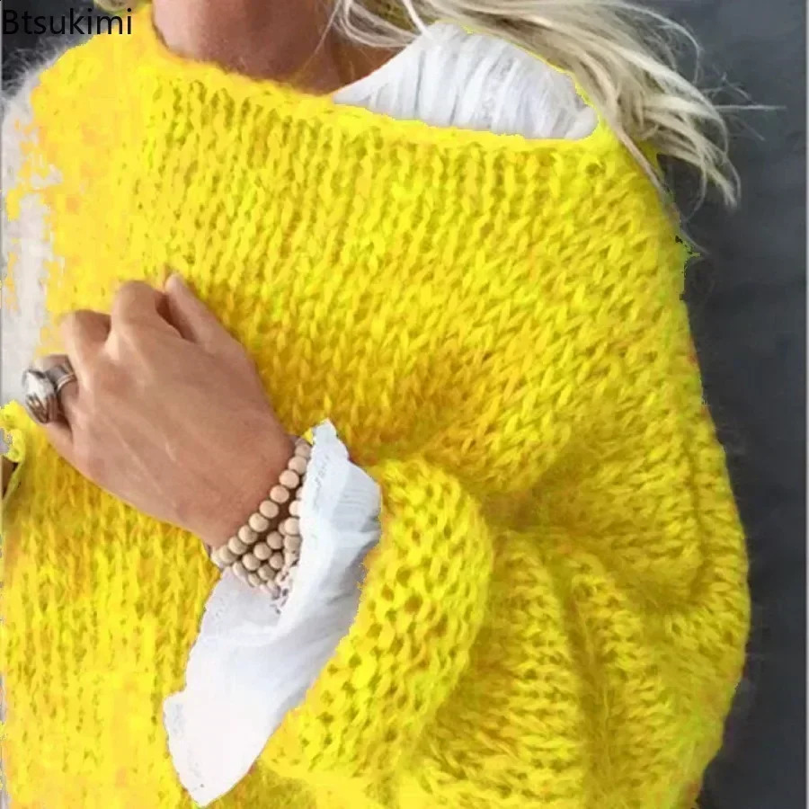 Womens Lantern Long Sleeve Knitted Sweater Fluffy Fuzzy Mohair Pullover Top Chunky Knit Solid Oversized Loose Jumper Tops 250614