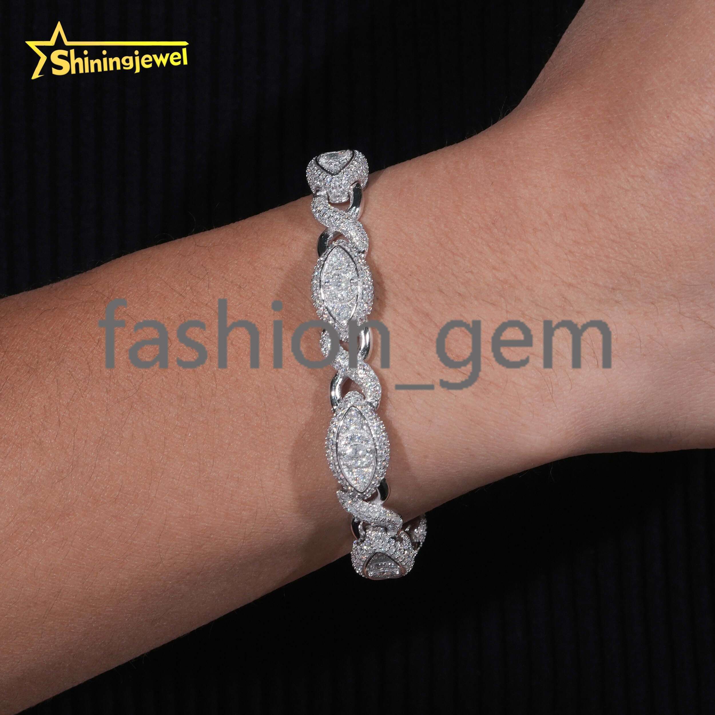 925 Silver Moissanite Cuff Bracelet for Unisex Fashion Diamond Cut Cuban Chain Iced Out Silver Hip Hop Jewelry