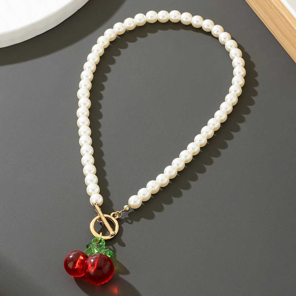 New Beads Womens Neck Chain Pearl Choker Necklace Gold Color Goth Choker Jewelry On The Neck Cherry Pendant Collar for Girl W250618