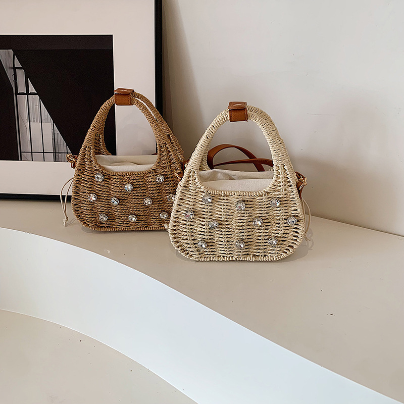Designer's Free Shipping Vacation-style Rhinestone Woven Handbag Luxury Bag Women's 2025 Forest-style Fashionable Multi-functional Shoulder 