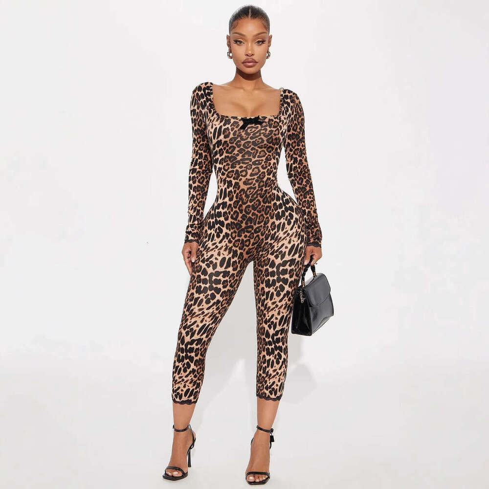 New Fashion Nightclub Leopard Print Slim Fit Sexy Stretch U-Neck Long Sleeve Jumpsuit Bodysuit B5