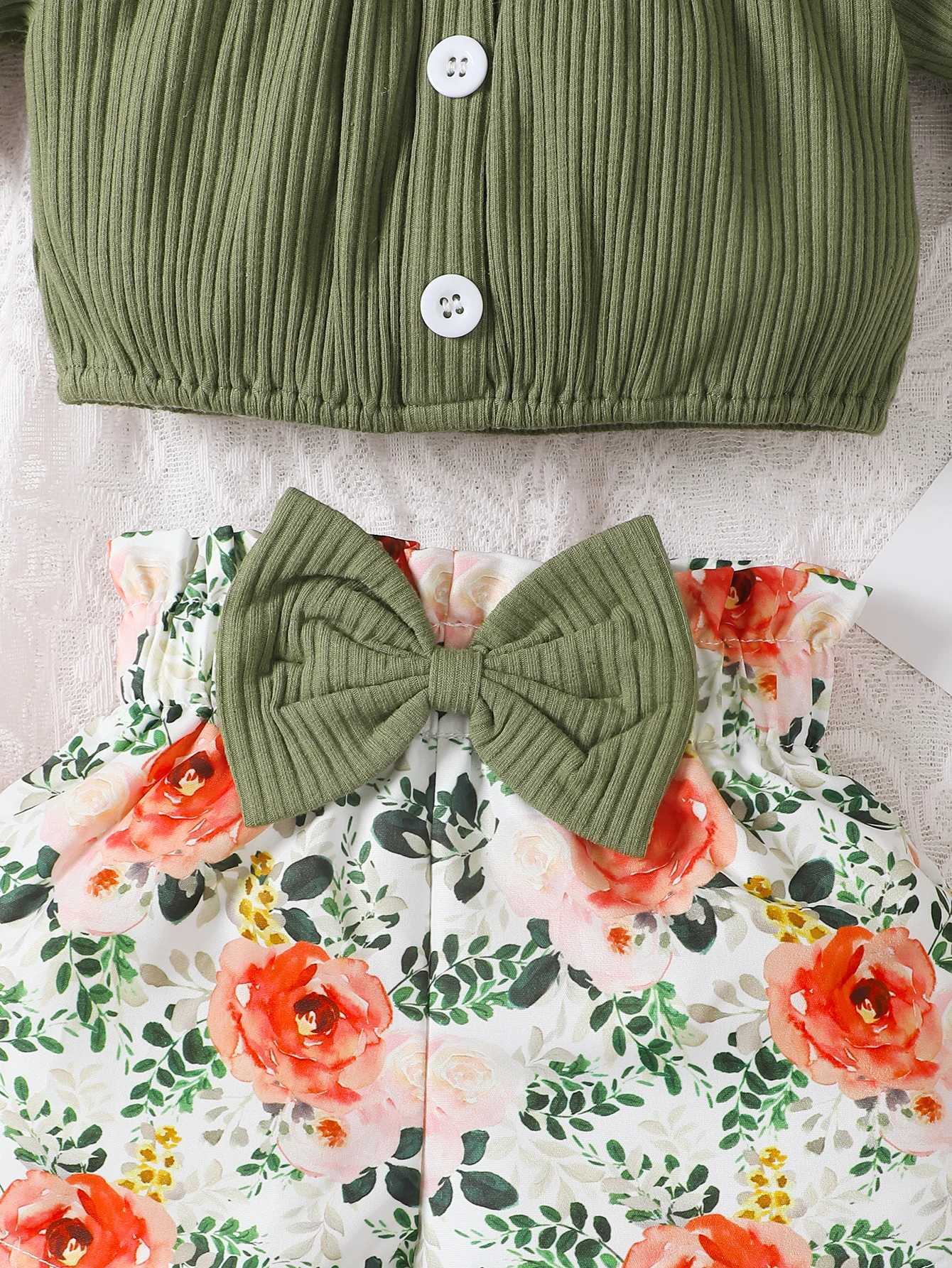 Summer round neck cute casual girl aged 0-2 Cotton Short Sleeved Headscarf Printed Bow Shorts Baby WearC250617