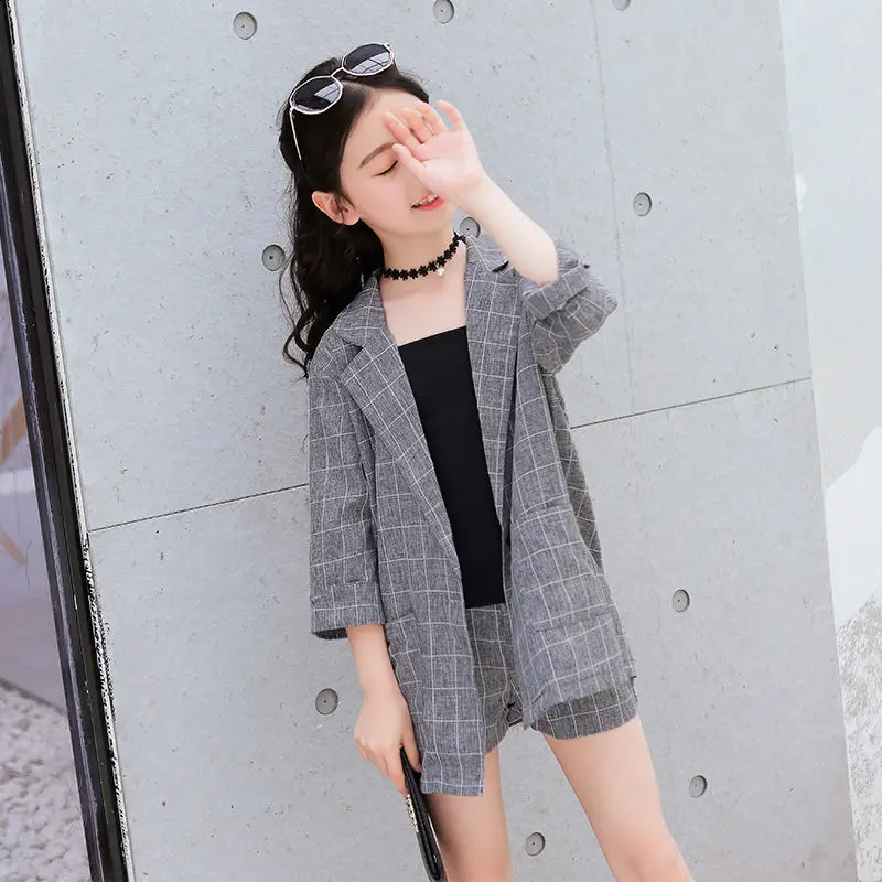 Kids Girls Blazer Jacket Vest Shorts 3PCS Tuxedos Suit for Kids Suit Children Girls Blazer For Wedding Party Pink Grey Color 250617