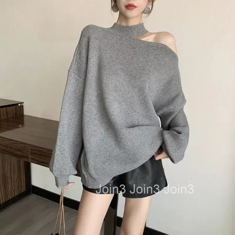 Womens Sweater Halter Neck Knit Tops for Woman Brown Off The Shoulder Pullovers Long Trend 2025 Sleeve Modern Korean Style Tall