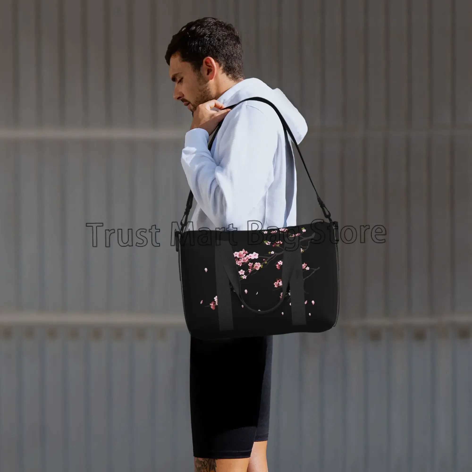 Japanese Sakura Cherry Blossoms Black Travel Bag Women Weekender Overnight Bags Unisex Casual Waterproof Luggage Bag W250618