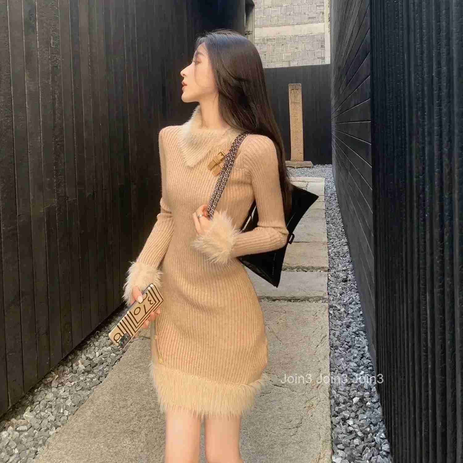 Womens Crochet Dresses Long Sleeve Female Knit Dress Knee Length Midi Cover Up Sensual Sexy One-piece Chic and Elegant Pretty X