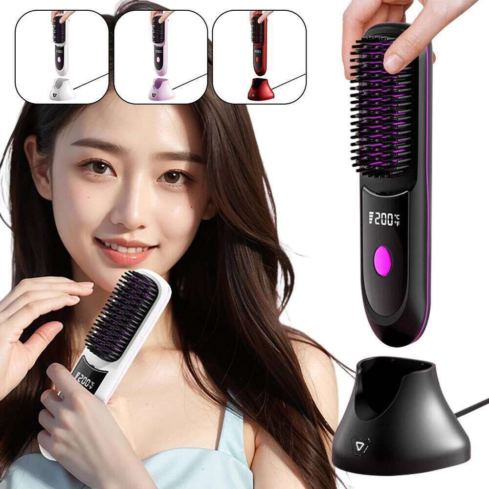 Cordless Ceramic Heated Hot Brush Rechargeable Travel Straightener Portable Straightening Comb for Smooth Frizz-Free Hair