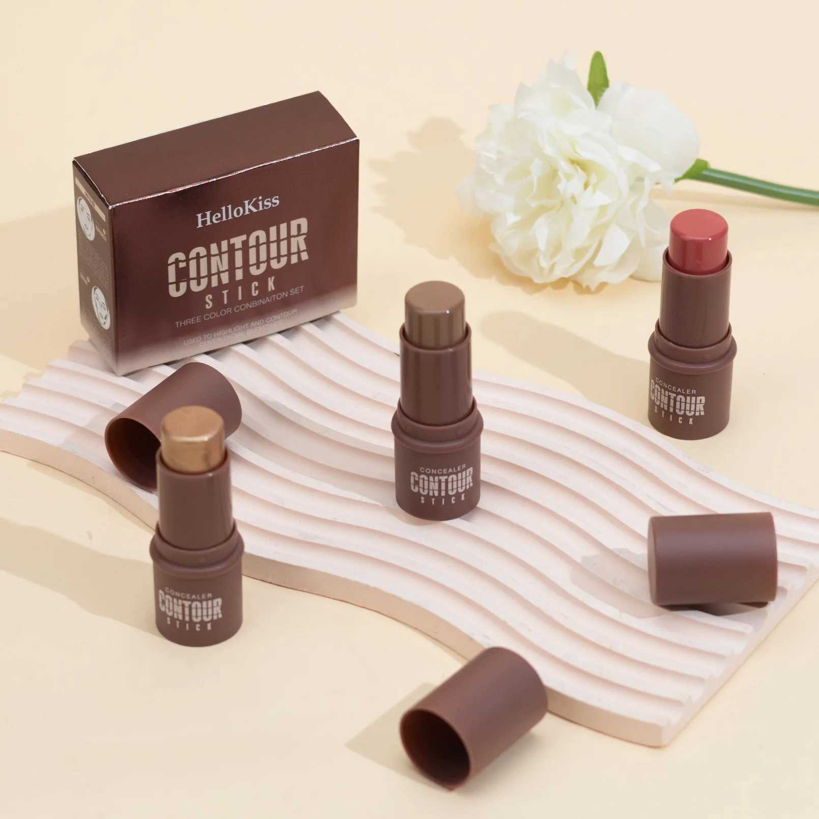 Contour Stick Set with Highlighter Blush Bronzer Plus Golden Powder Brush - Waterproof Cream for All Tones Medium Coverage XJ250618