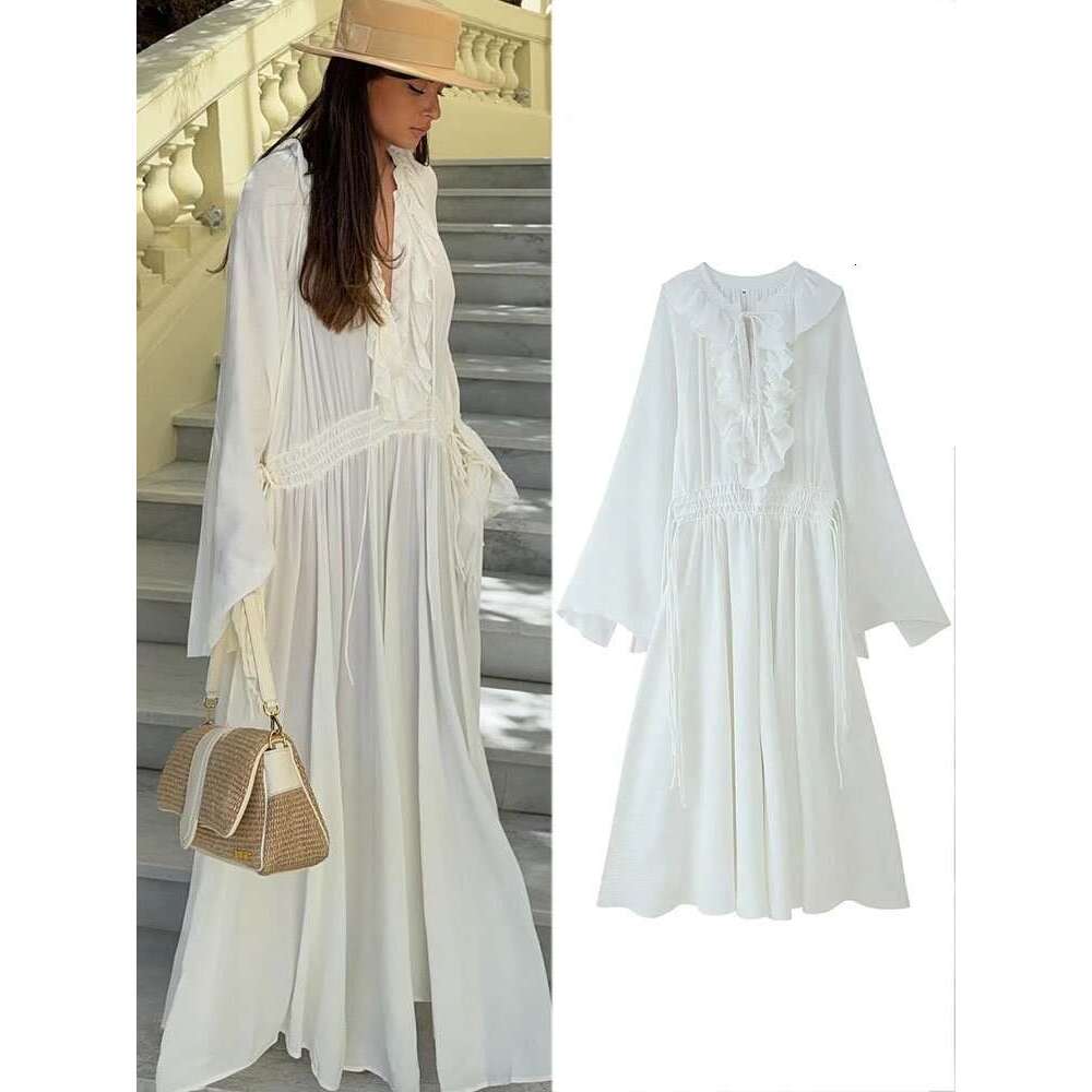 Designer Clothing 2025 Summer Beach Style Long White V-Neck Lace Drawstring Waist-Hing Women's Casual Dress Streetwear