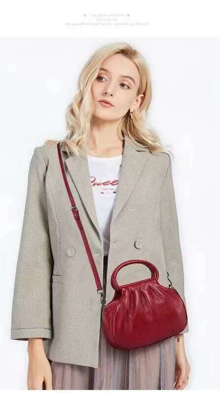 Elegant Soft Cowhide Leather Circle Ring Hand Dumpling Handbags Ruched Design Daily Pouch Small Female Crossbody Bag
