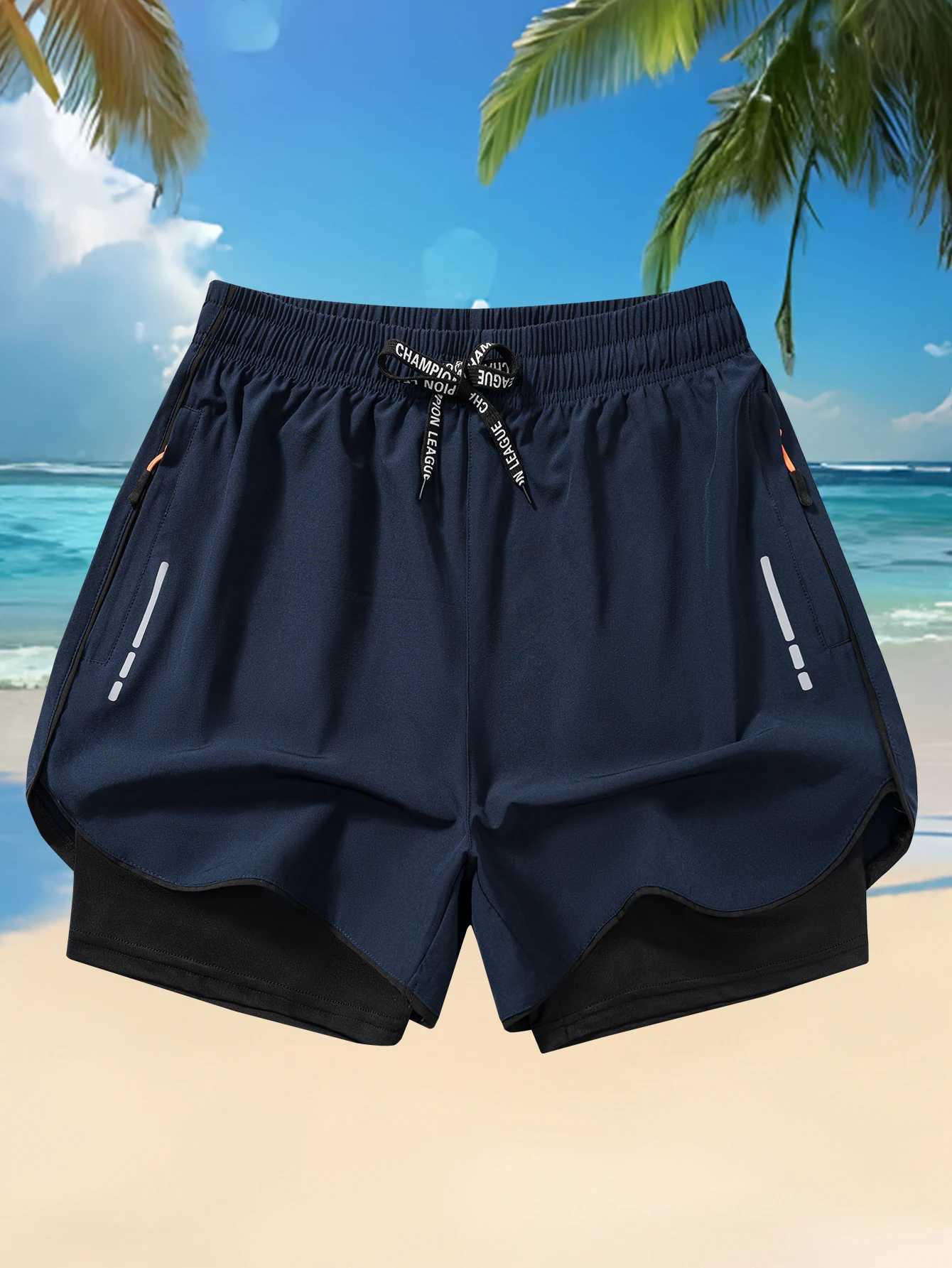 Mens Summer Running Shorts with Zipper Pockets - Breathable Polyester Elastic Waistband Drawstring Split Hem for Gym Training XJ250618