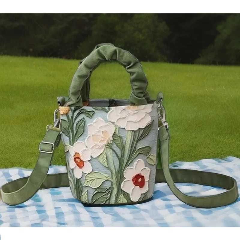 Oil Painting Flower Advanced Feeling Crossbody Handle Bucket Bag Womens Bag Korean Illustration Literary Watercolor Creative Z250618