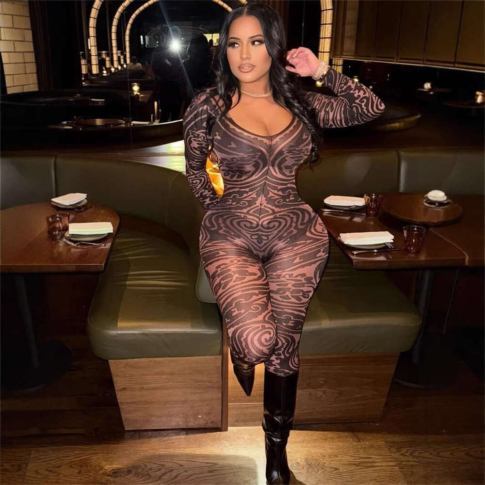 New Fashion Versatile Deep V Print Stretch Slim Sexy Jumpsuit Women's Clothing B5