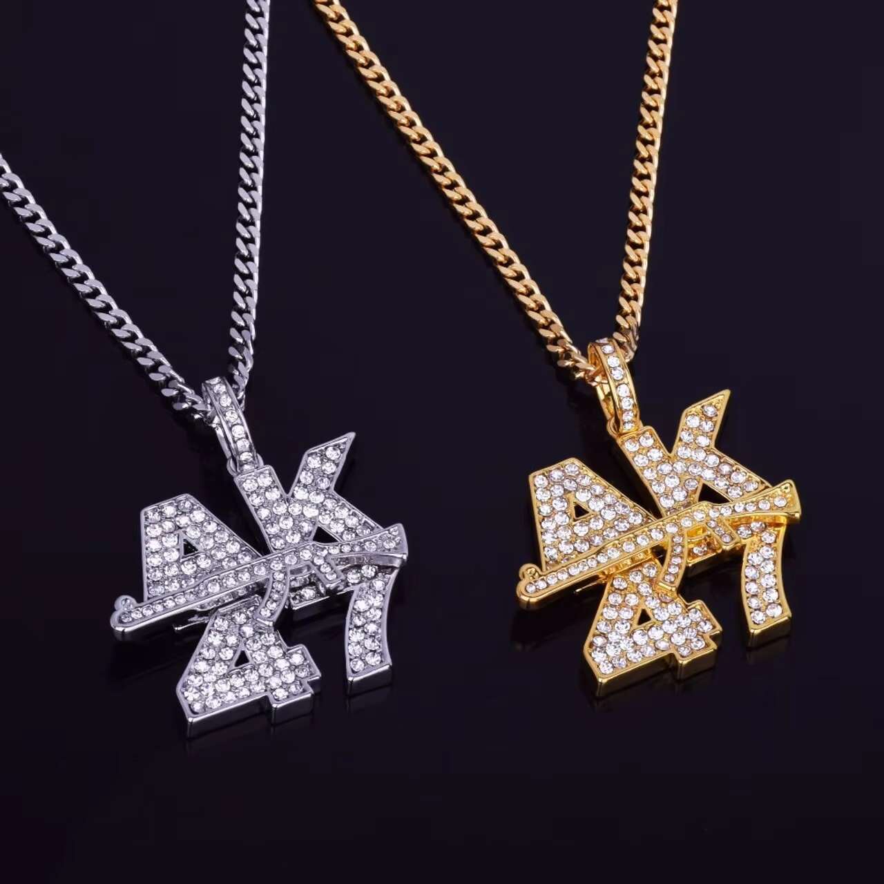 14k Gold and Silver Iced out Cuban Link AK 47 Pendant Moissanite Necklaces