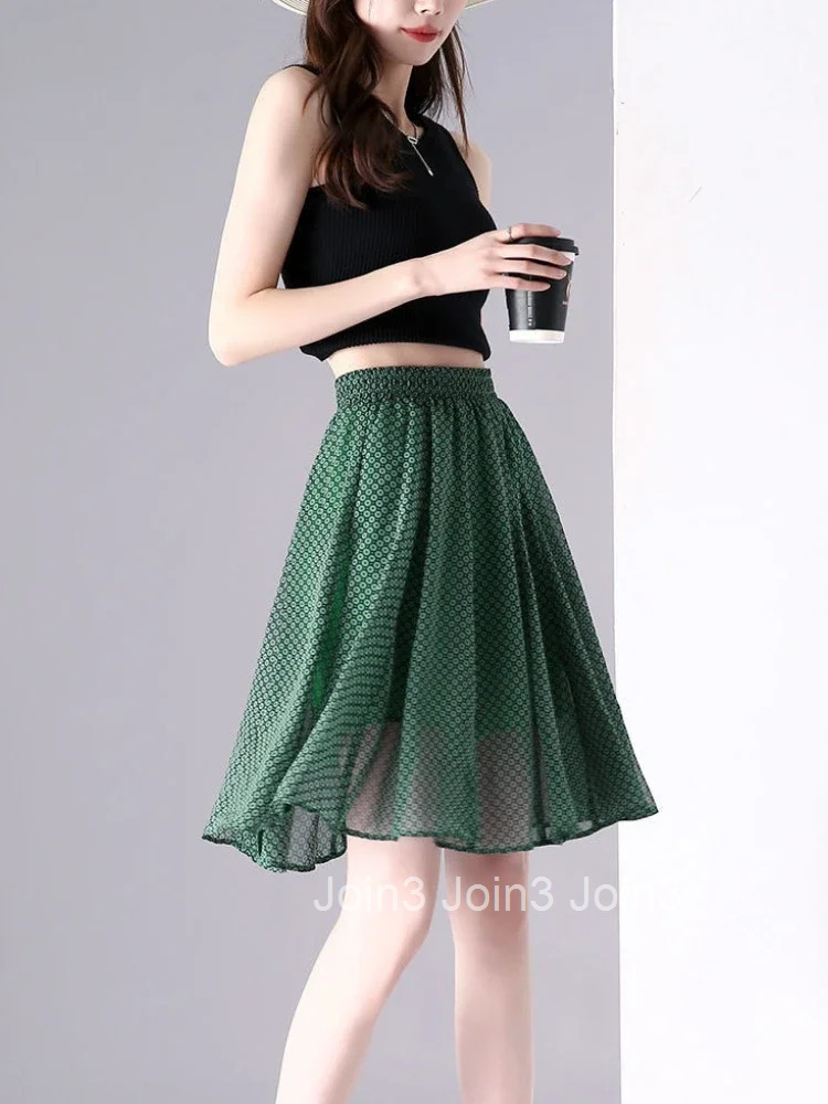 Midi High Waist Chiffon Green Woman Skirt Luxury Elegant Vintage Y2k A Line Streetwear Korean Style Premium V Skirts for Women
