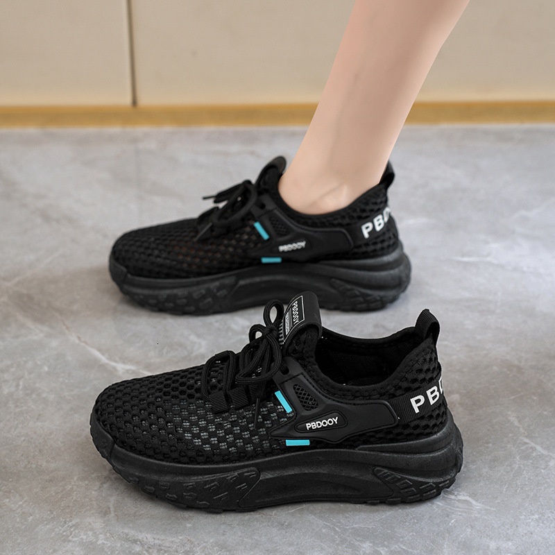 Summer Women's New Breathable Hollow Mesh Korean Style Versatile Thick Sole Flyknit Sneakers Casual Dad Shoes ddmythur