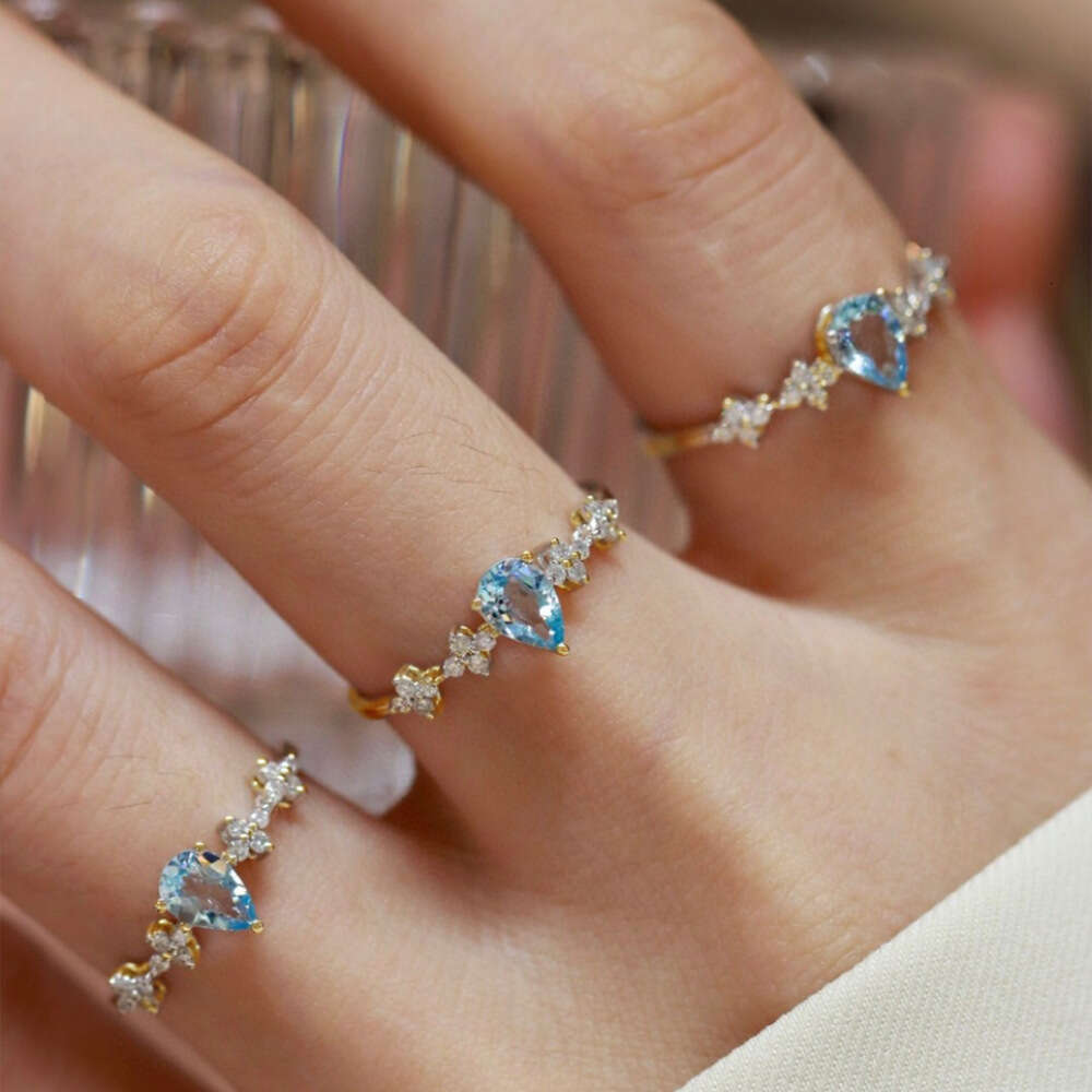 New Style Ocean Blue Zircon for Women, Ins Cold Minimalist Fashion Versatile Hand Jewelry, Open Light Luxury Index Finger Ring