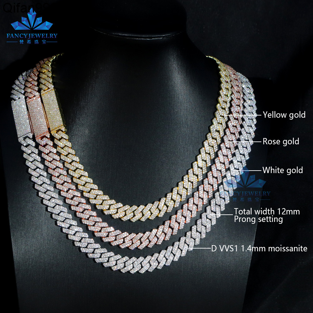Bulk Classic Style Cuban Link Chains Necklace 925S Silver 8-12mm Rows 2 Rows Moissanite Diamond Hip Hop Man Moissanite Necklace