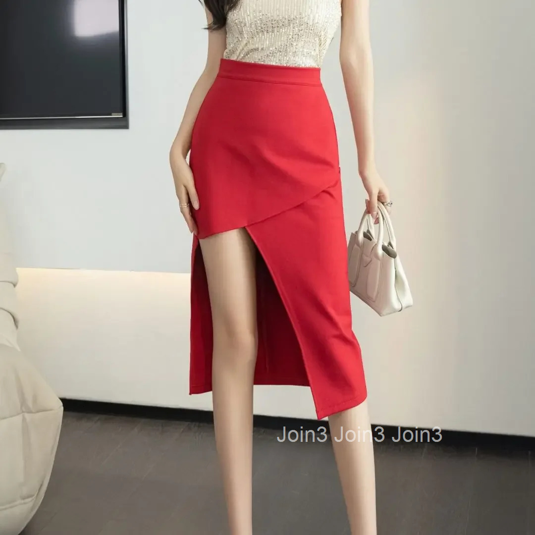 Office Woman Skirt Formal with Slit Midi Wrap Tight High Waist Premium Y2k Vintage Harajuku Aesthetic Casual V Skirts for Women