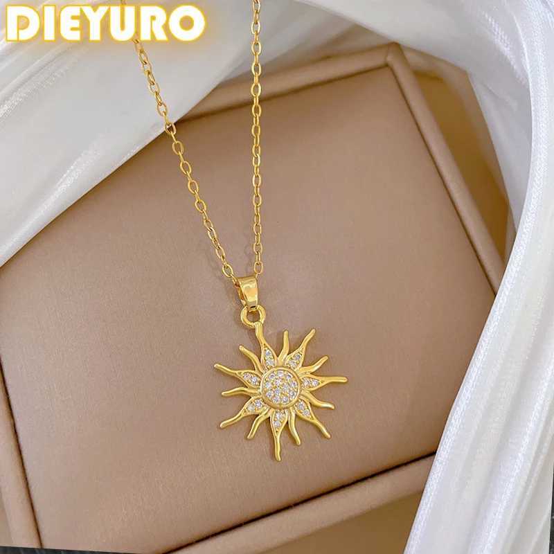 DIEYURO 316L Stainless Steel Golden Rhinestone Sun Pendant Necklace For Women New Trend Gorgeous Neck Chain Jewelry Holiday Gift W250618