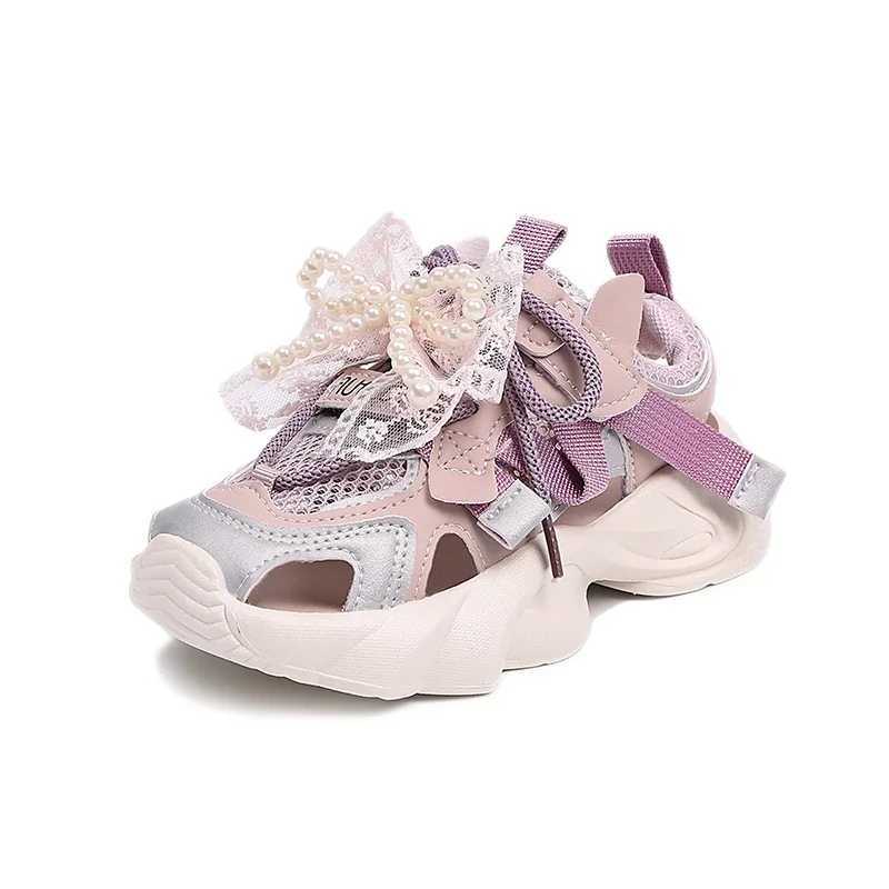 Girls Princess Shoes Mesh Breathable Kids Sports Sandals Sweet Lace Bows Beading 2025 Summer New Children Running Shoes Non-slip Z250618
