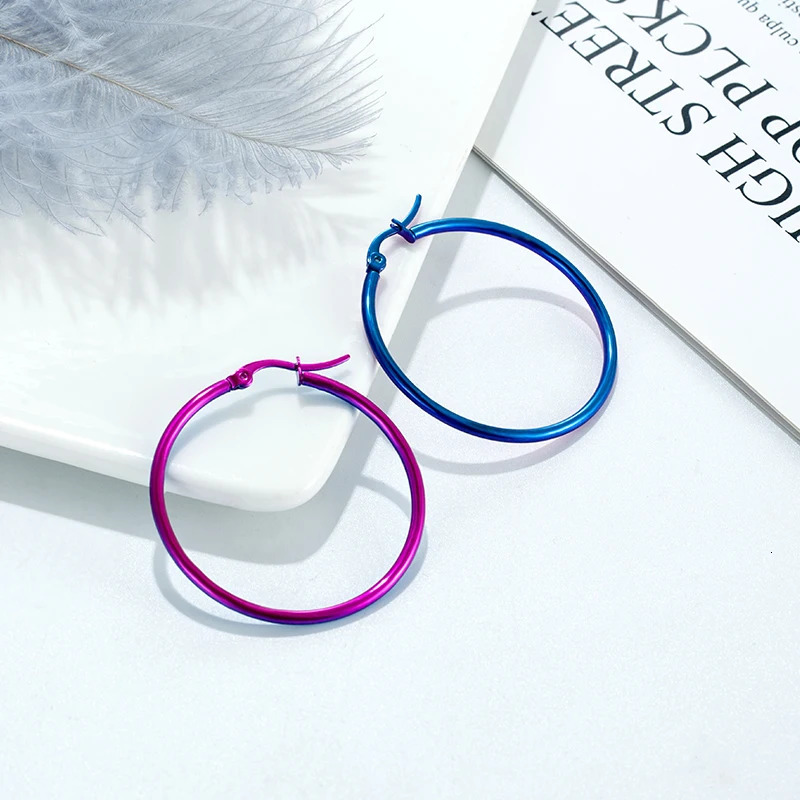 Trend Blue Purple Hoop Earrings Exaggerated Stainless Steel Geometric Bohemian Round Circle Ear Rings Women Ear jewelry Gift 250603