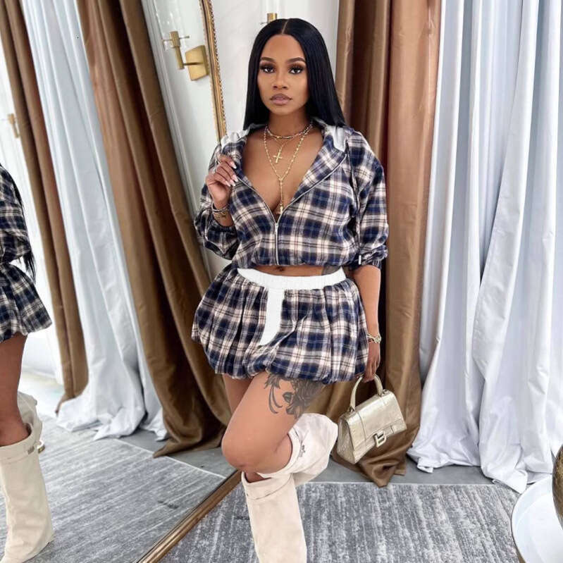 New Fashion Millennial Girl Grid Print Zipper Jacket Top With Puff Short Skirt Set B5