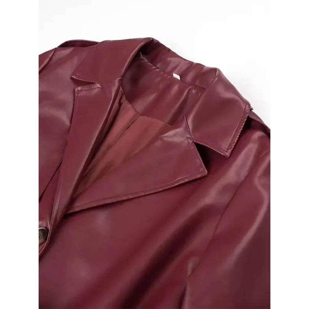 2025 Women New Fashion with Belt Style Single Breasted Faux Leather Coat Vintage Long Sleeve Pockets Female Outerwear