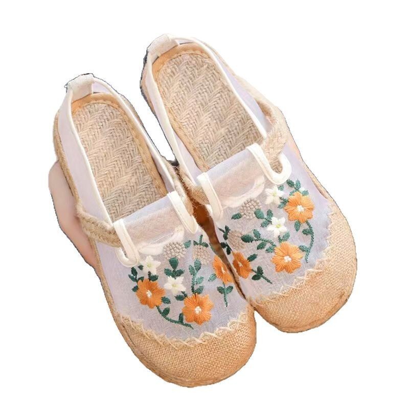New Old Beijing Cloth Summer Women Soft Sole Non-Slip Mesh Embroidered Shoes Slip-On Lazy Flat Slippers