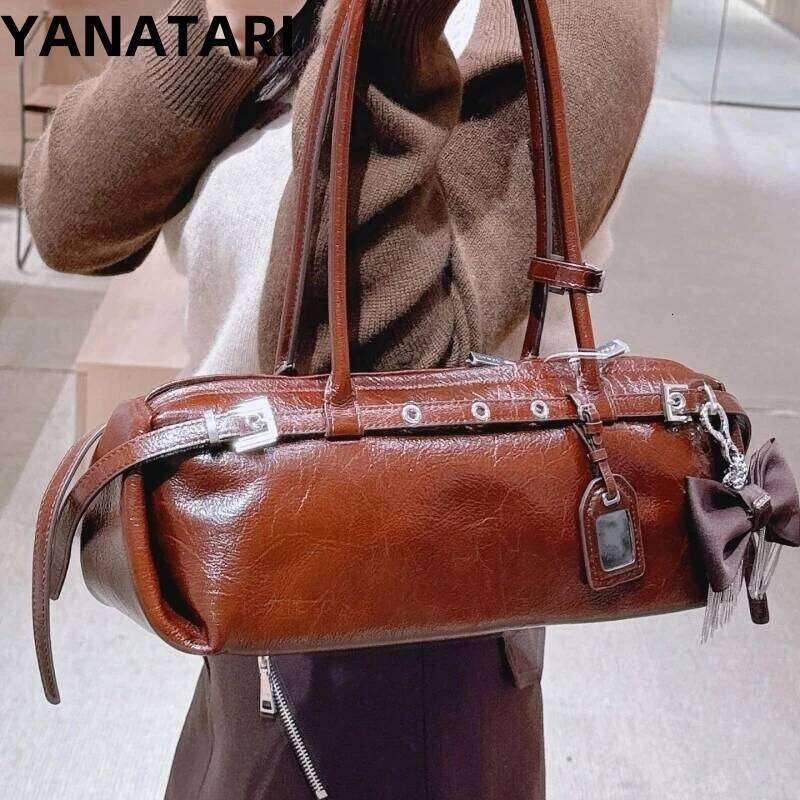 YANATARI Genuine Leather Woman 2025 Korean Vintage Long Shoulder Handbags Ladies Underarm Bag Shopping Bag