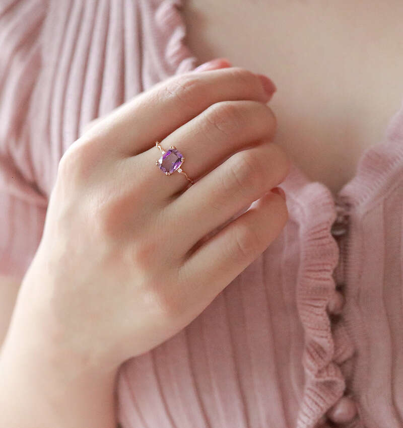 Amethyst Square Cut Shiny Imitation Zircon Wave Light Luxury Versatile Ring Trendy Gentle Women