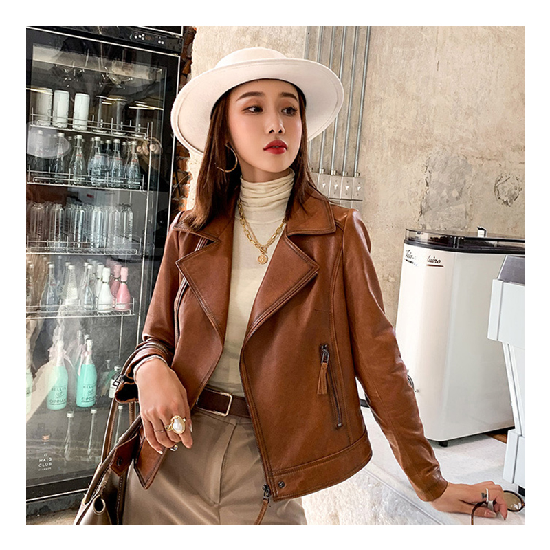 Womens Leather Jacket with Short Suit Collar - Customizable Motorcycle Style