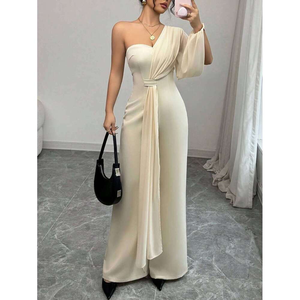 Wear Elegant One-Shoulder Single Long-Sleeved Half Strapless Half-Backed Half-Edged Chiffon Spring And Summer Ladies Jumpsuit