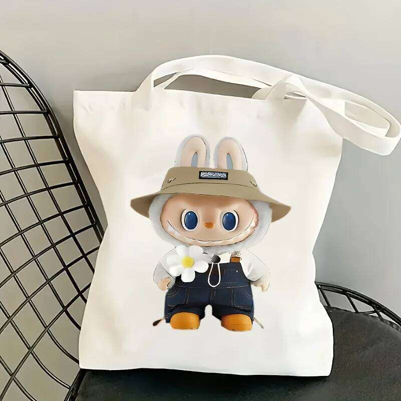 Cute Labubu Print Canvas Tote Versatile Style Durable Women's Reusable Daily Commute Shoulder Bag For Shopping