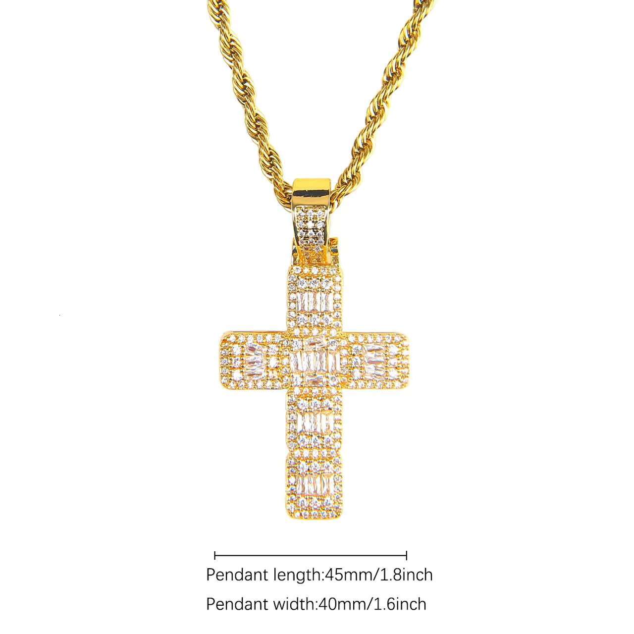 18K Gold Hip Hop Style Baguette Cross Pendant Necklace Christian Cross Moissanite Jewelry Flooded Ice Effect Pendants Charms