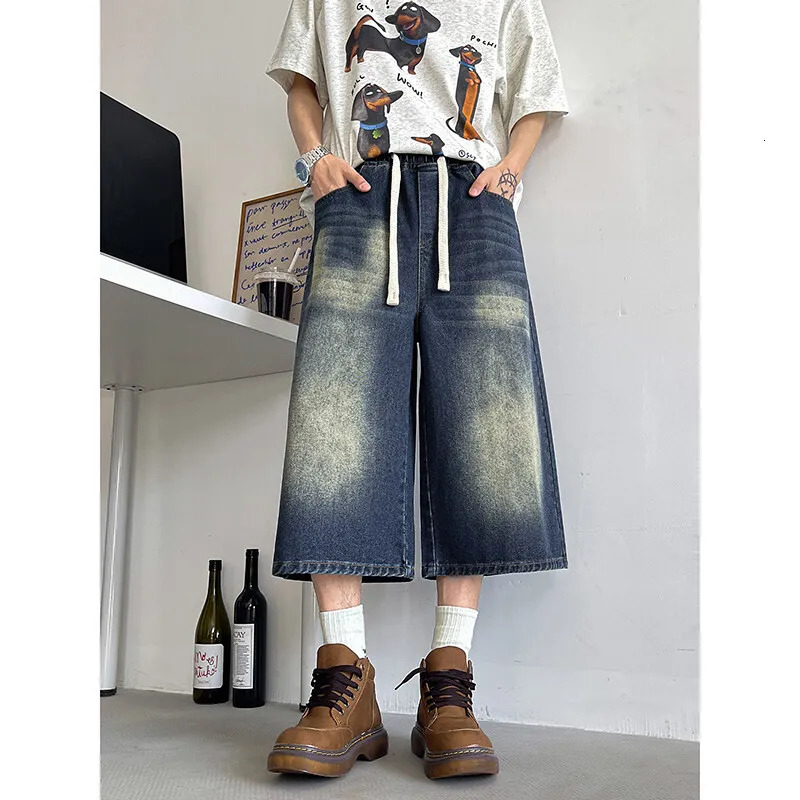 Loose Fit Cropped Jeans Elastic Drawstring Waist Stretch Denim Casual Wear Comfort Men Baggy Denin pants man Fashion Trendy 250617