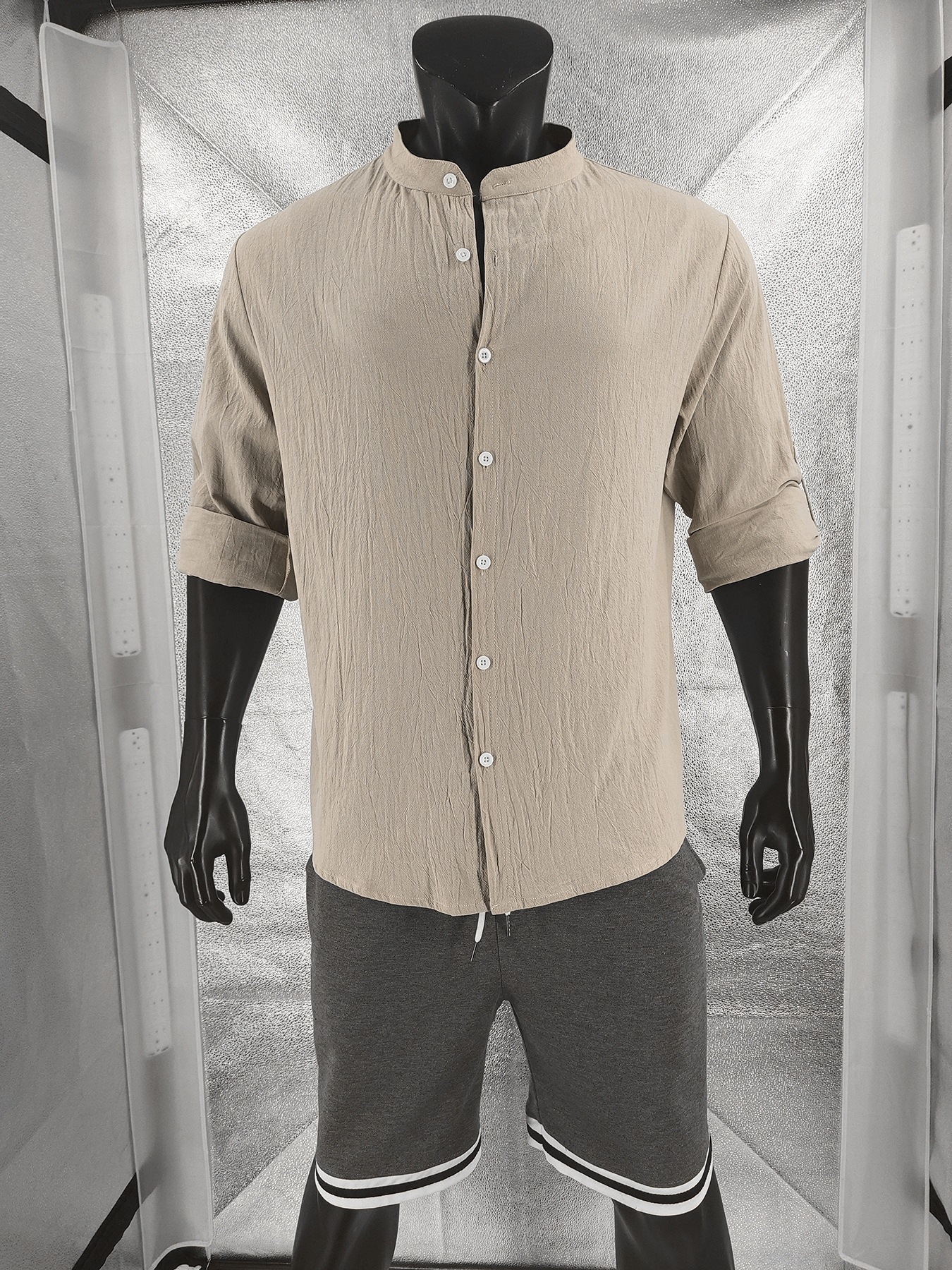 Fashion brand Men's Hawaiian long-sleeved shirt with cotton and linen stand-up collar breathable Henry collar casual long-sleeved top European co