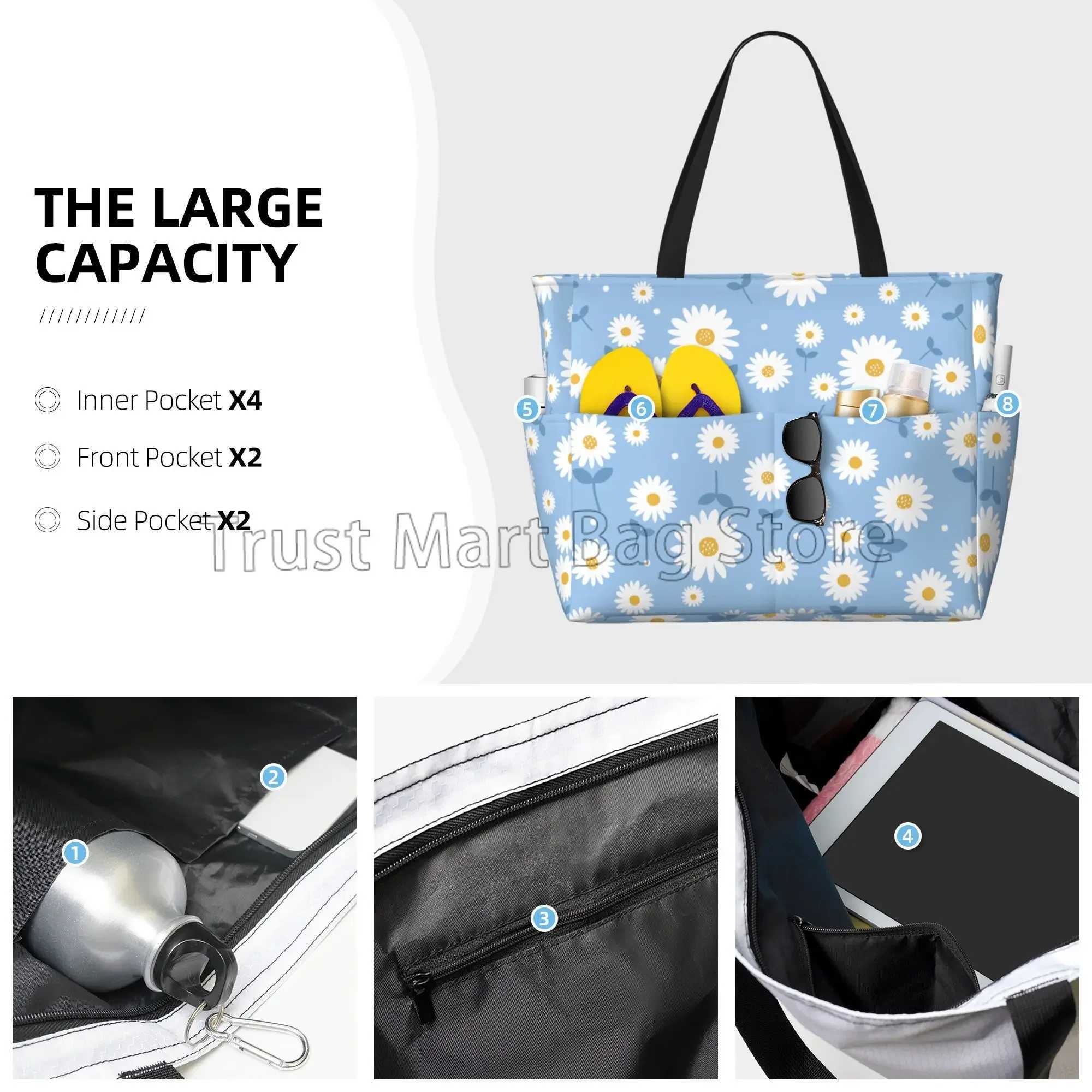 Daisy Floral Large Beach Tote Bag Waterproof Sandproof Zipper Beach Tote Bags for Pool Swim Gym Grocery Travel B250618
