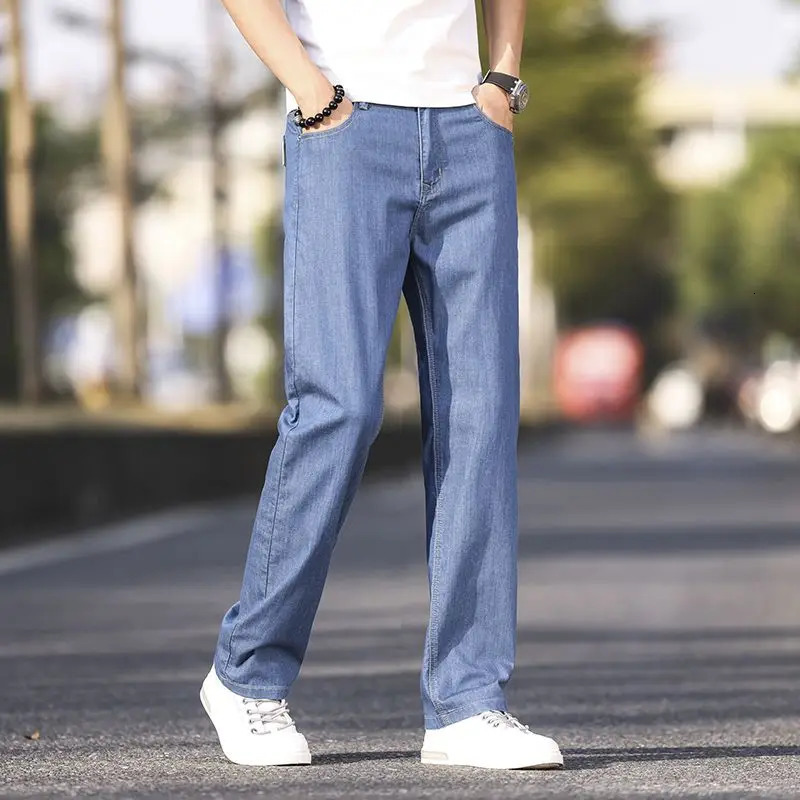 Summer Thin Mens Elastic Cotton Jeans Fashion Blue Comfortable Business Straight Casual Pants Male Clothes Trousers jeans 250617
