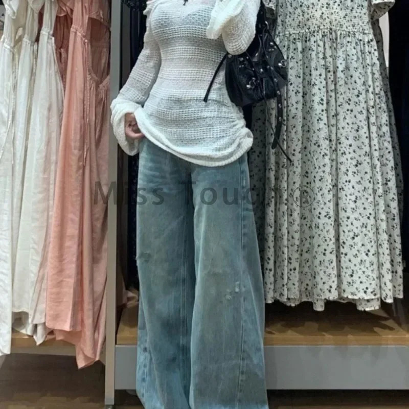 Autumn Sexy Mesh Long Sleeve Sweater Women Summer French Hollow Thin Sunscreen Tops Korea Chic Knitted Casual Beach Pullover 250614