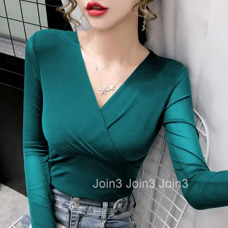 Green Sexy Tshirts 2025 Female Tops Womens T Shirts V Neck Purple Korean Style Clothes Luxury High Quality Long Sleeve Alt Tees