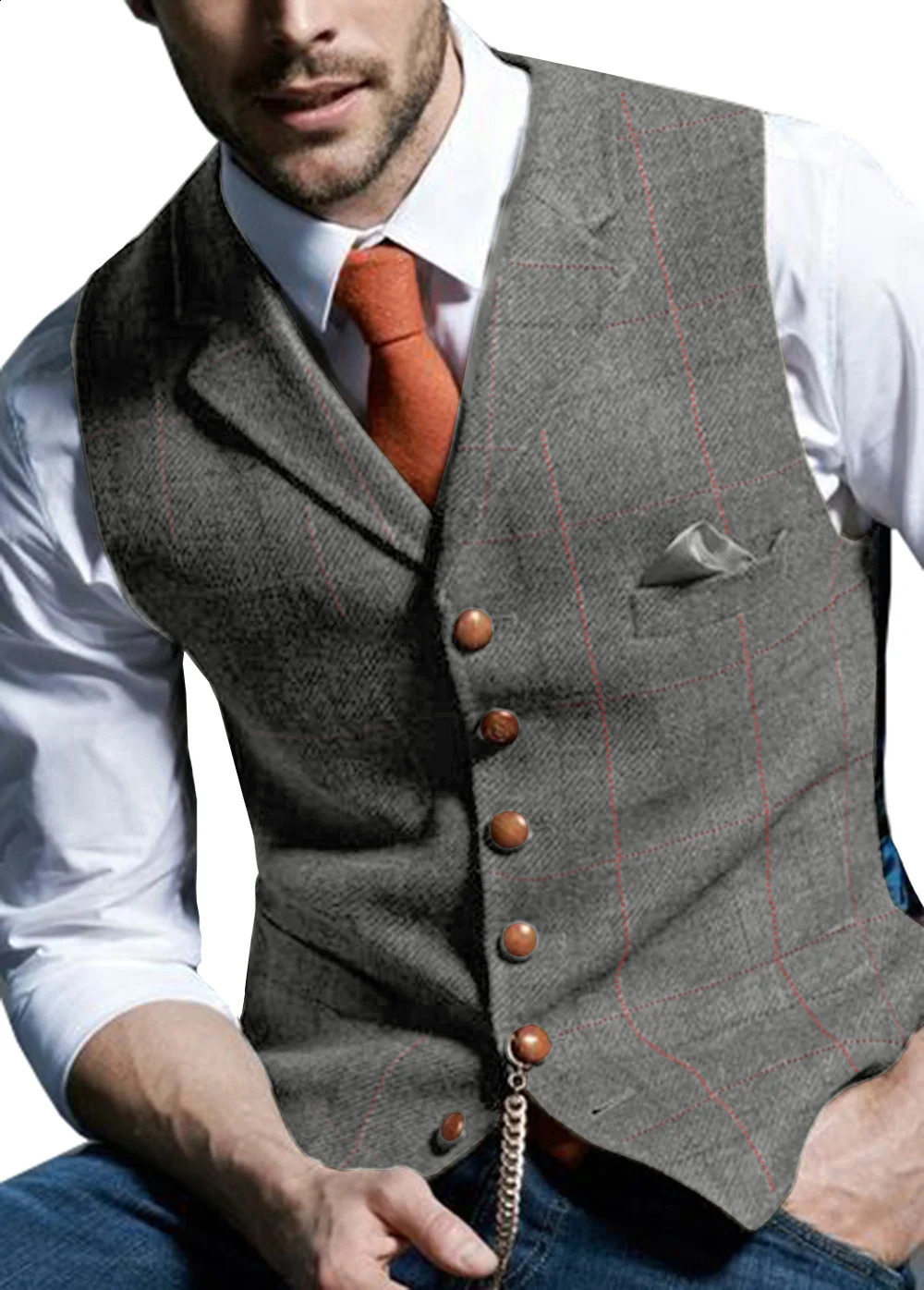Brown Casual Gentleman Mens Army Green Vest Plaid Soft Wool Jacket Tweed Business Waistcoat For Wedding Man 250614