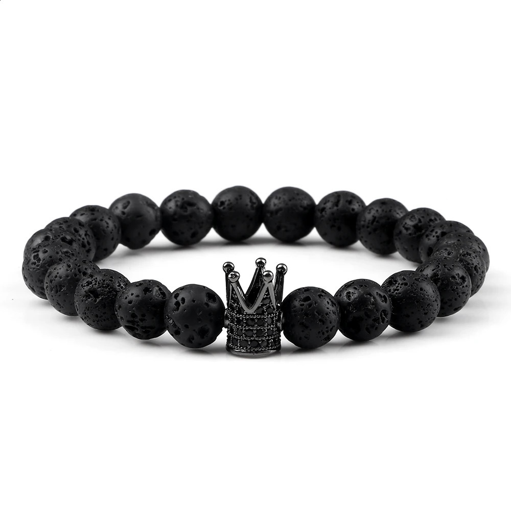 Vintage CZ King Crown Charm Bracelets For Men 8mm Natural Black Lava Stone Beads Stretch Fashion Women Healing Jewelry 250613