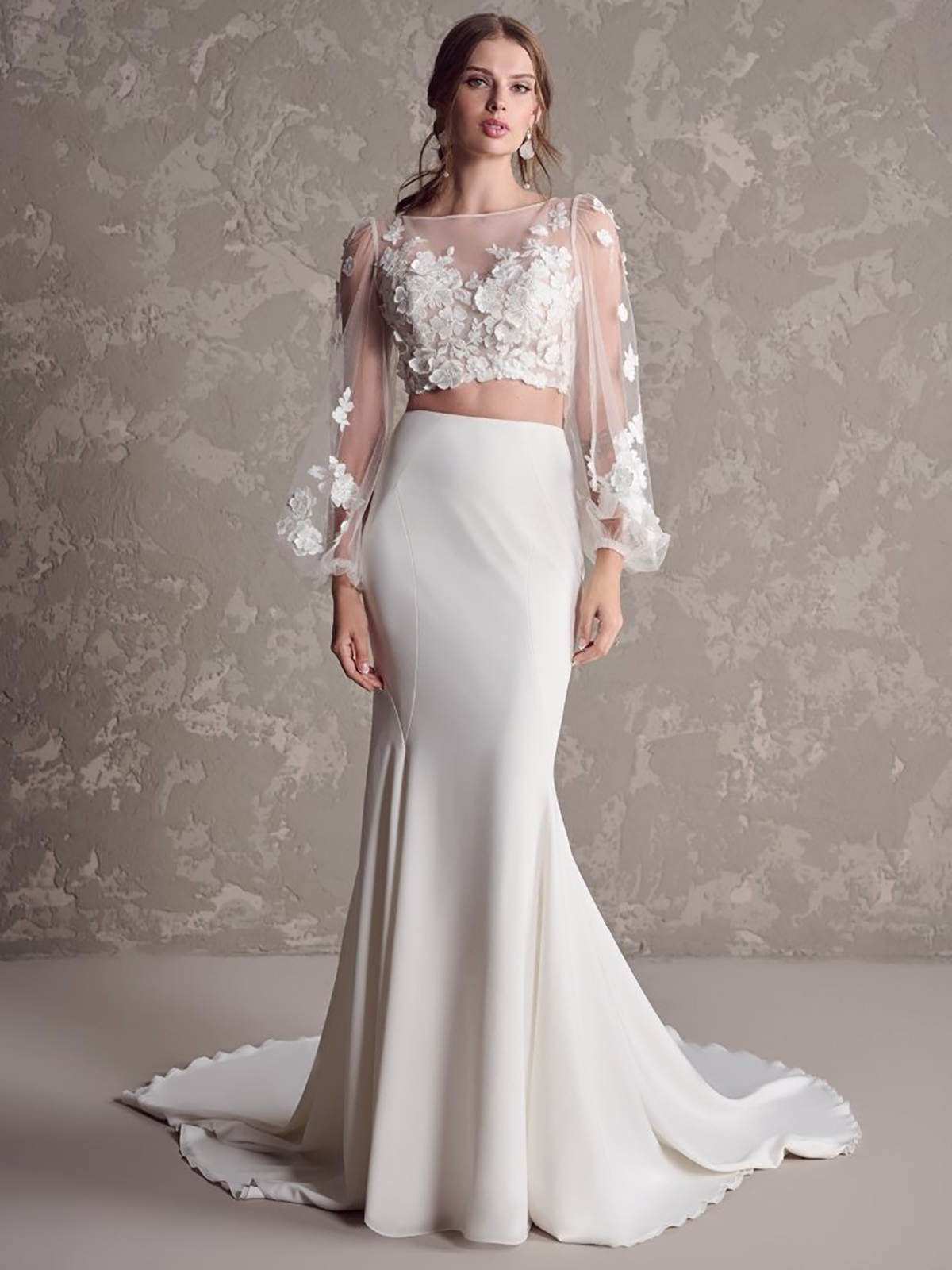 Exquisite Two Piece Mermaid Wedding Dress Illusion Tulle Applique Long Sleeve and Chiffon Bridal Scoop Neck Custom Made Gowns