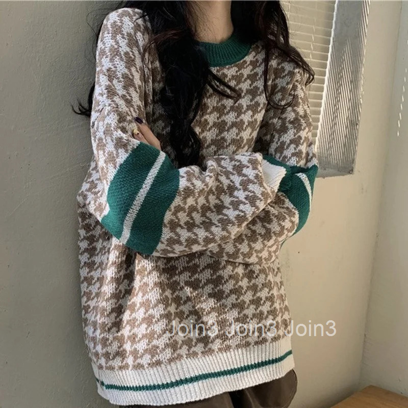 Plaid Graphic Brown Knit Tops For Woman Round O Neck Womens Sweater Modern Jersey Elegant Hot Offers Y2k Vintage Korean Style