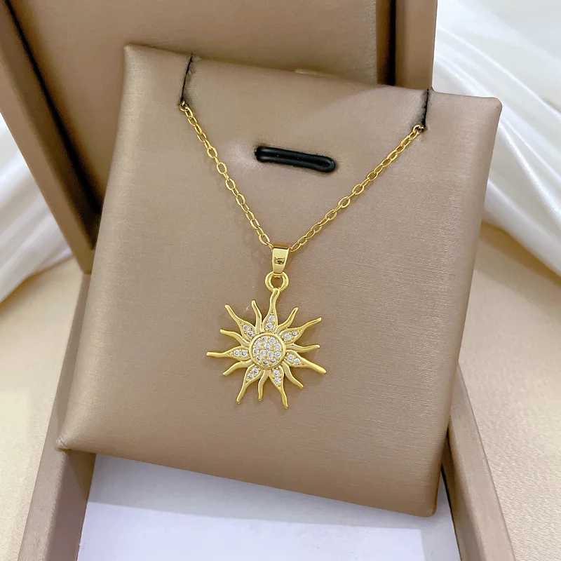 DIEYURO 316L Stainless Steel Golden Rhinestone Sun Pendant Necklace For Women New Trend Gorgeous Neck Chain Jewelry Holiday Gift W250618