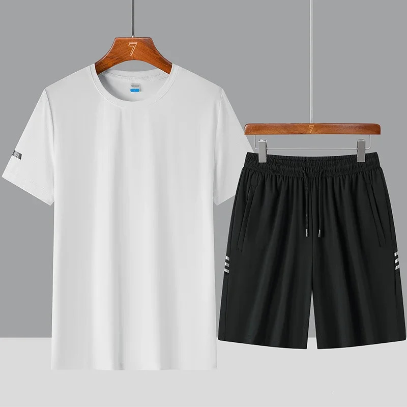 High-quality Ice Silk Breathable Mens Short Sleeve T-shirt With 5-point Shorts Set Comfortable Cool Outdoor Sports Set 250617