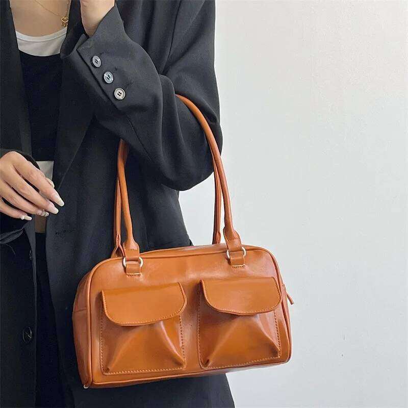 Lux Trendy Street Korea Designer Bowling Box Handbag For Women Boston Tote Pu Leather Bag Female Accessory