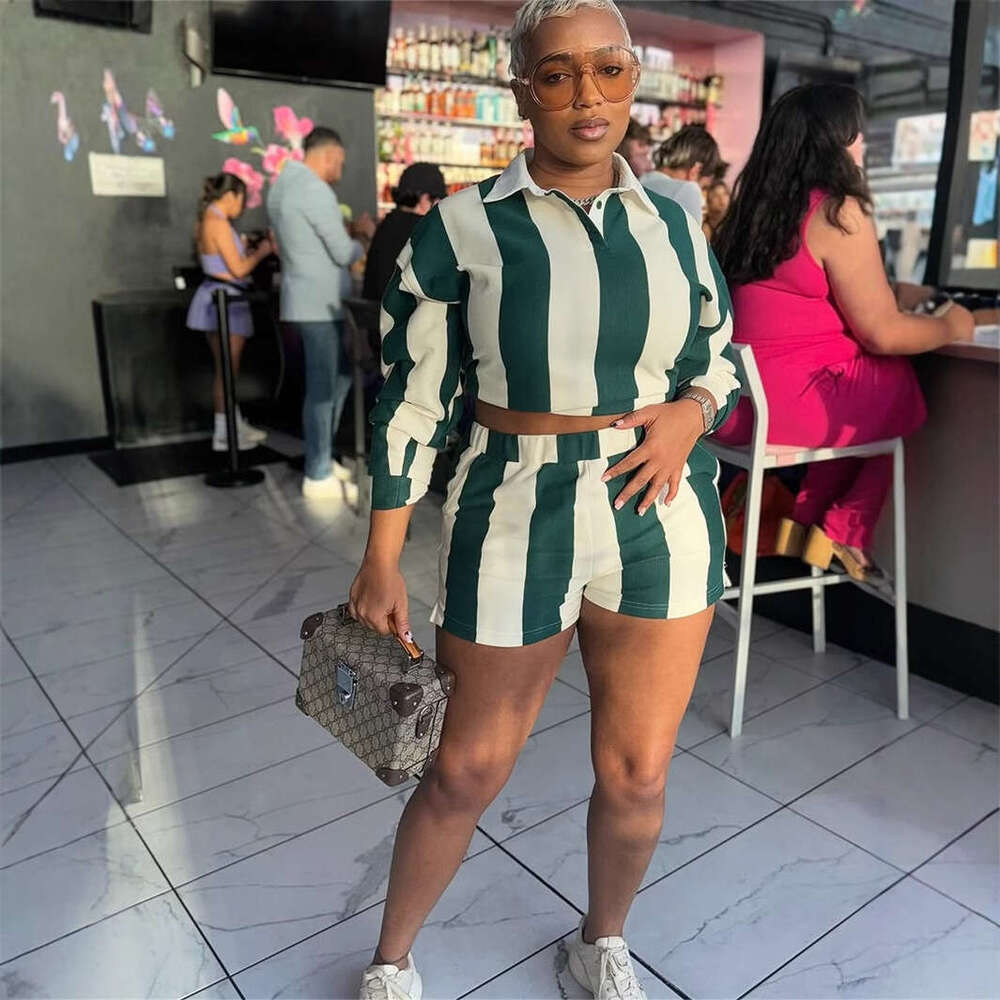 Spring New Women's Fashion Zebra Stripe Print Shirt Collar Long Sleeve Top Short Set B5