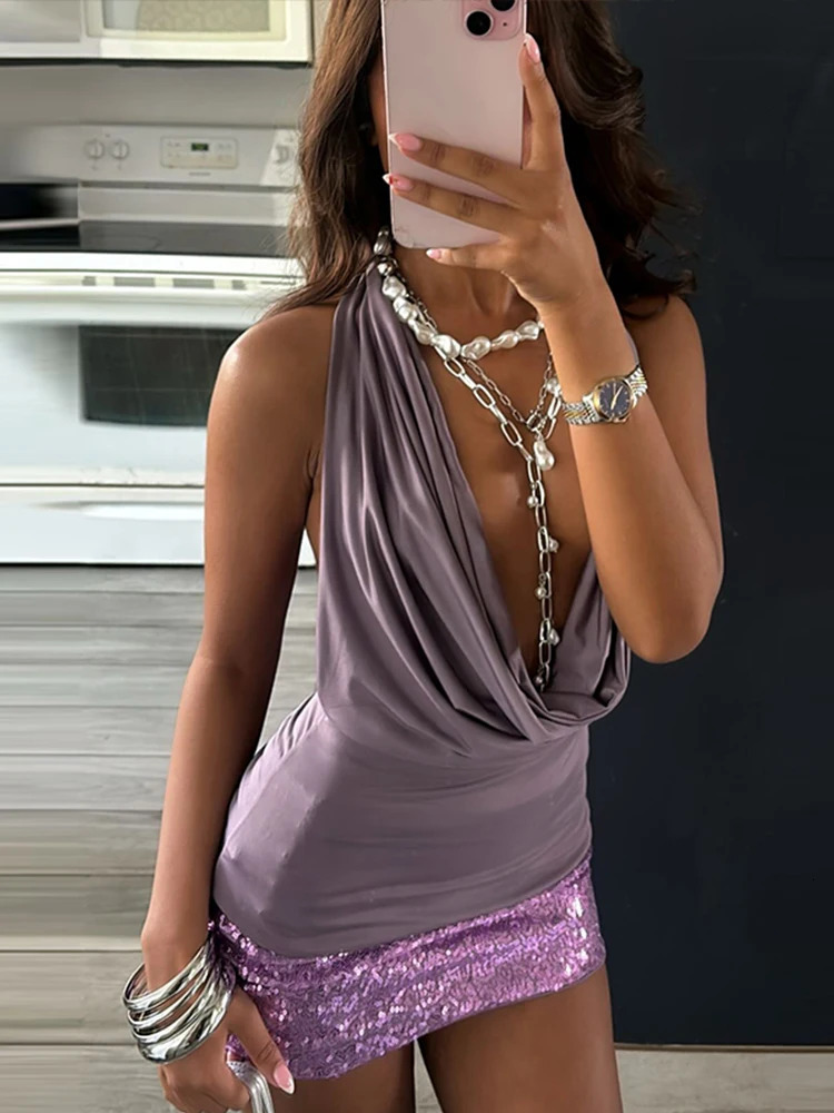 Y2K Top Sequin Mini Skirt Set Women Slim Halter Backless Pleated Vest Hip Package Shiny Skirts Summer Sexy 2 Pieces Suit 250617
